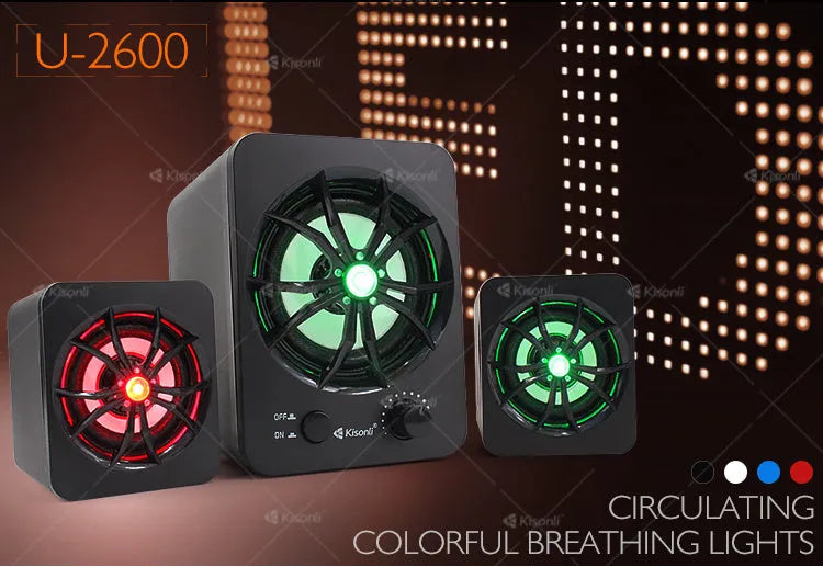 Green 2.1 USB computer speaker with glowing colourful lights and dual connectivity ports