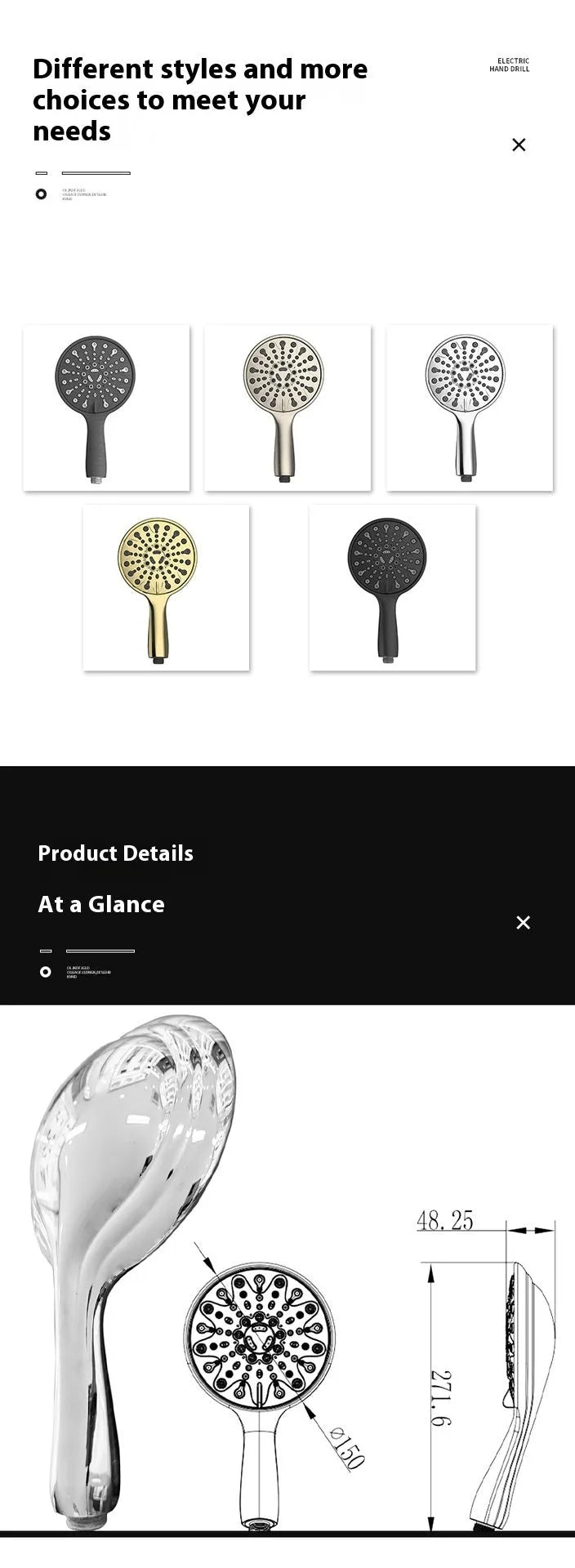 Chrome-finished six-function handheld shower head with ABS plastic housing