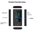 Black 5G portable Wi-Fi router showing LCD screen, size compared to a hand, with Type-C charging cable.
