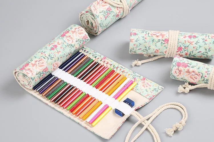 Canvas pencil wrap roll up case with elastic bands holding coloured pencils, available in multiple slot sizes