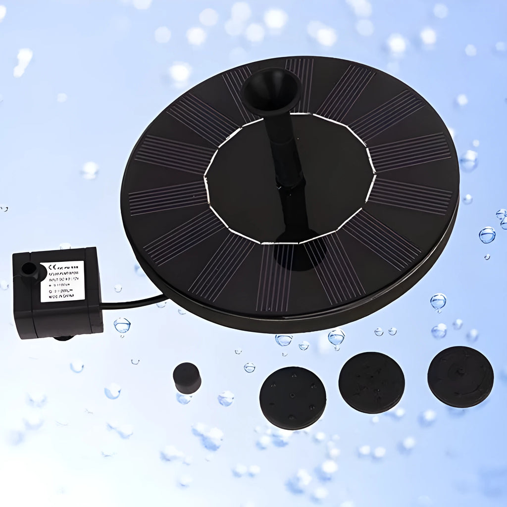 Black round solar fountain pump with 16cm diameter on a bird bath