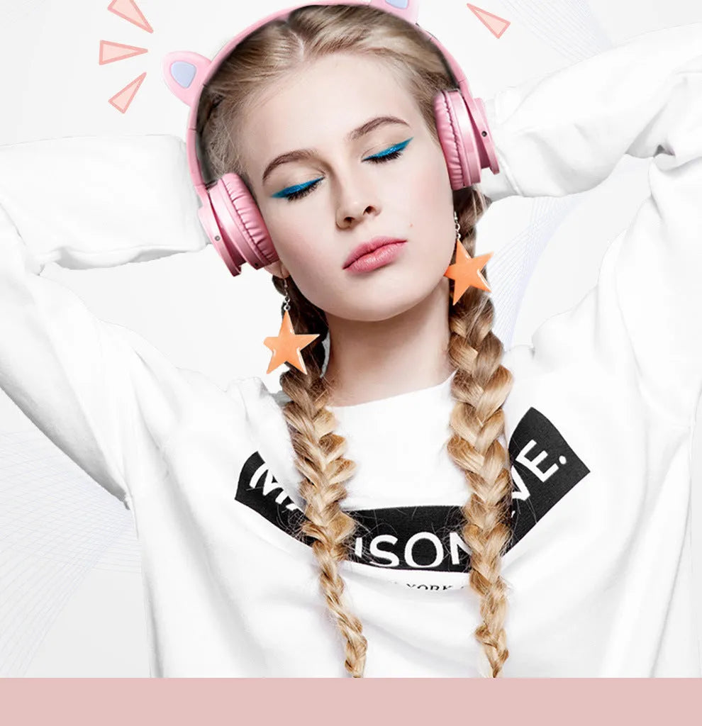 Pink white luminous Bluetooth headset with head-mounted design and protein ear pads