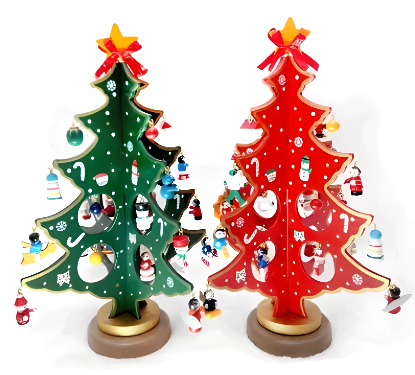 Set of three hand-painted wooden Christmas trees in green and red, 36cm tall, on a table