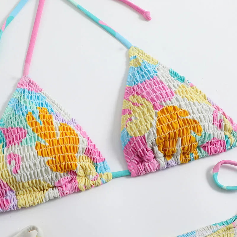 Women's multicolour triangle bag bikini set with split printed floral gradient pattern and smocking craft details