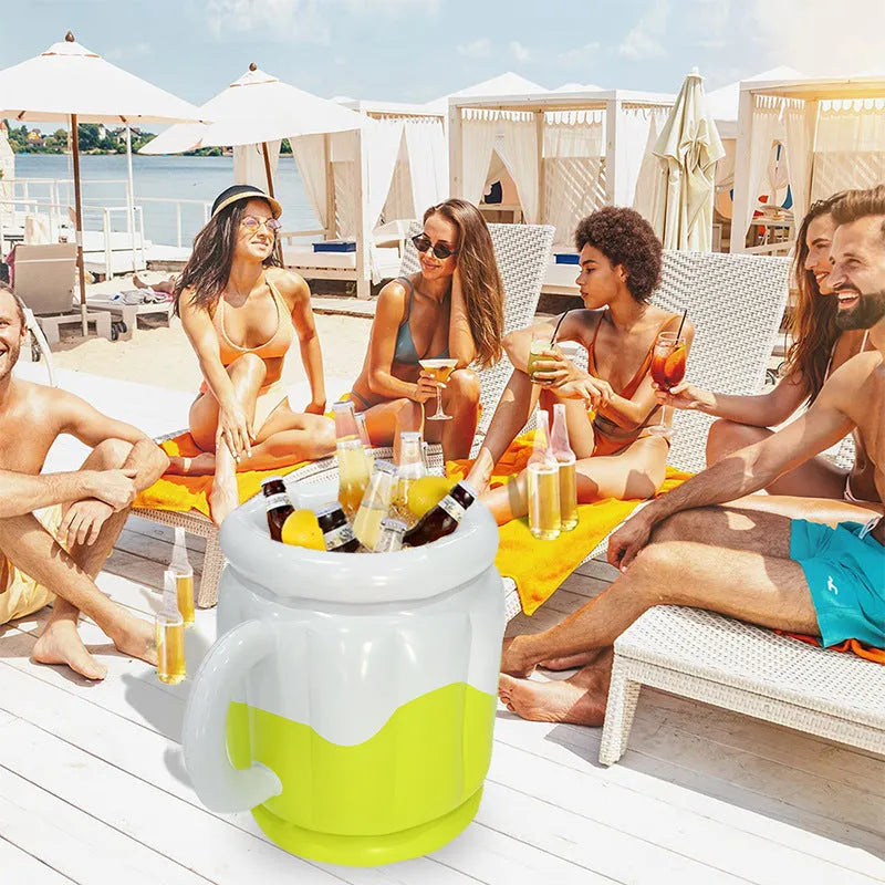 Yellow inflatable PVC ice bucket for chilling beer steins at outdoor events