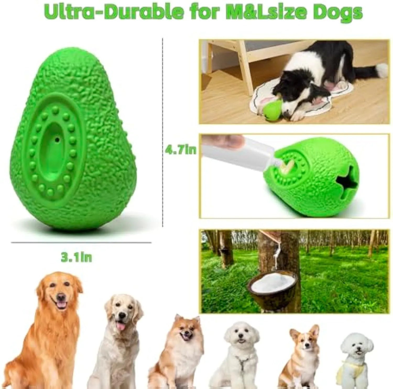 Green natural rubber dog chew toy with avocado shape and hollow food cavity