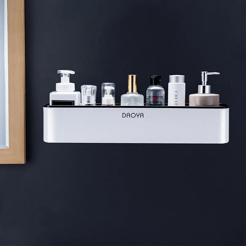 Polished plastic wall-mounted bathroom shelf for shampoo and cosmetics, hole-free installation, black colour option