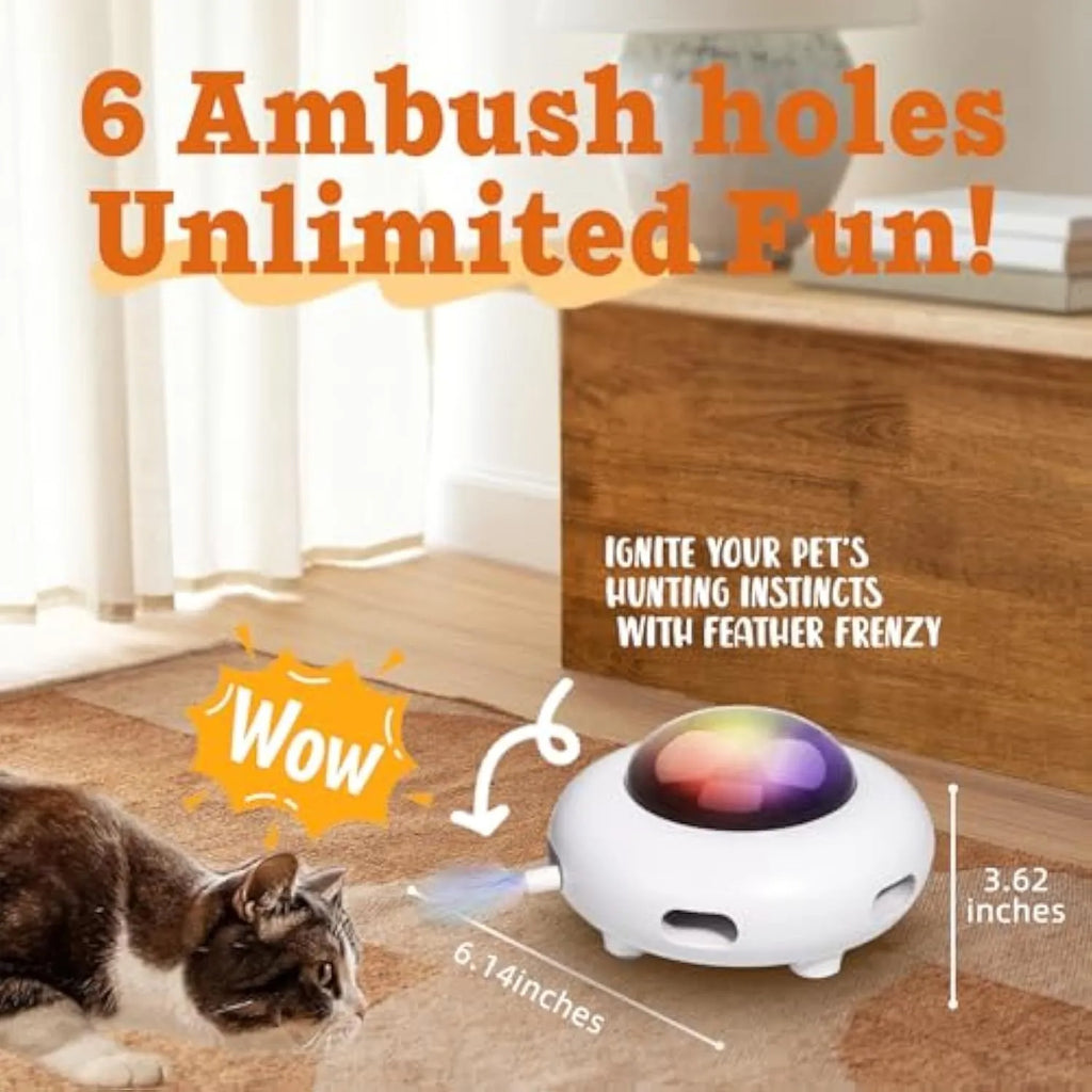 White interactive UFO cat toy with colourful LEDs and feather holes on a wooden floor