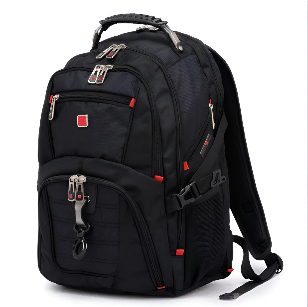 Black business computer backpack with 38-litre capacity showing three compartments and laptop protection