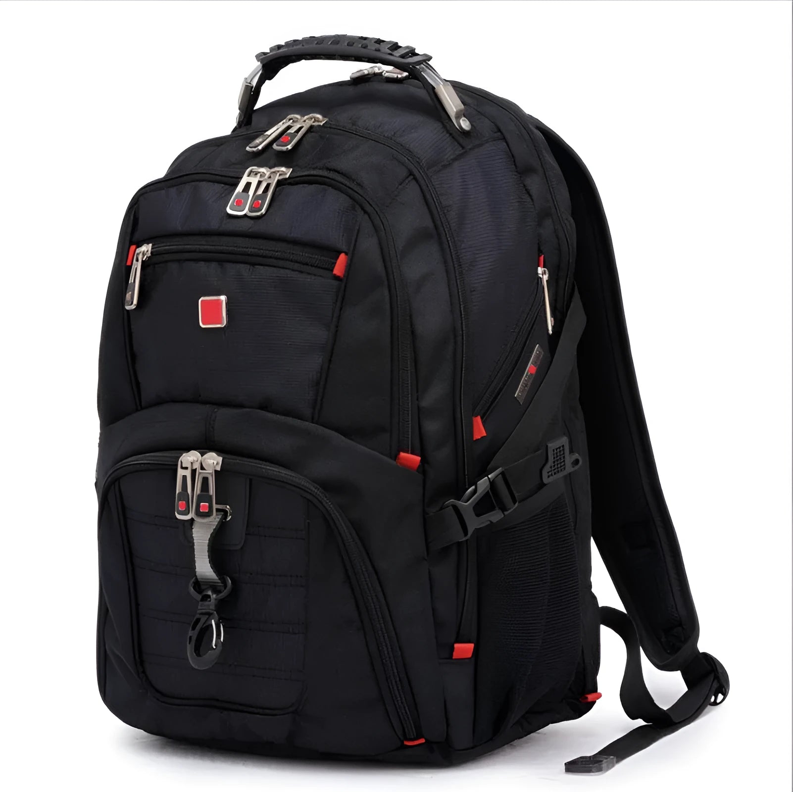 Black business computer backpack with 38-litre capacity showing three compartments and laptop protection