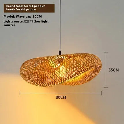 Bamboo woven hanging lamp with straw hat shape in natural rattan material