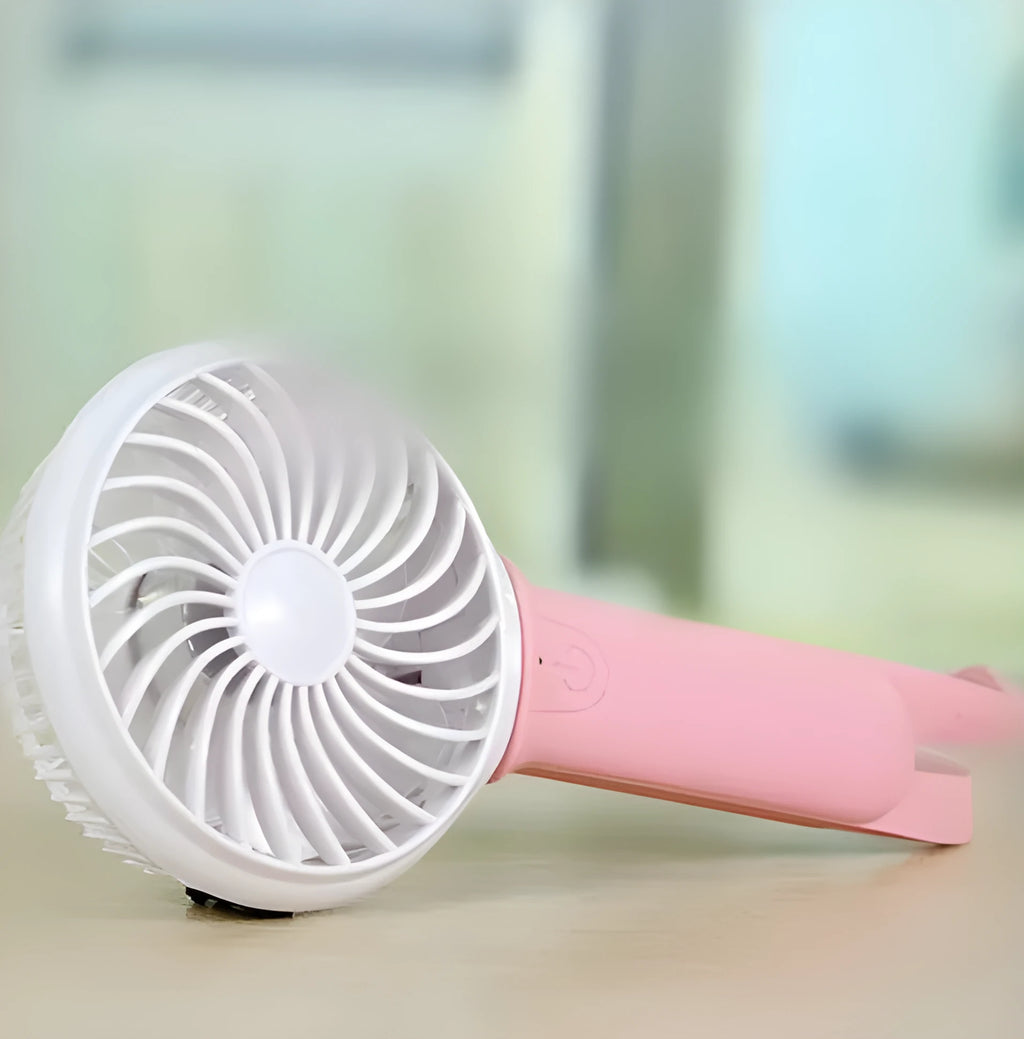 Mini USB rechargeable hand fan with LED light and adjustable speed in blue, compact 270x120x50mm portable cooling fan