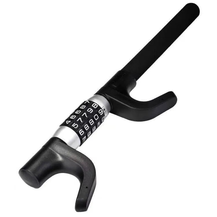 Car anti-theft password steering wheel U-lock in alloy steel, black colour, shown on a car steering wheel