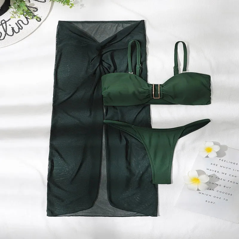 Women's three-piece bikini set with long culottes skirt in solid colour French style