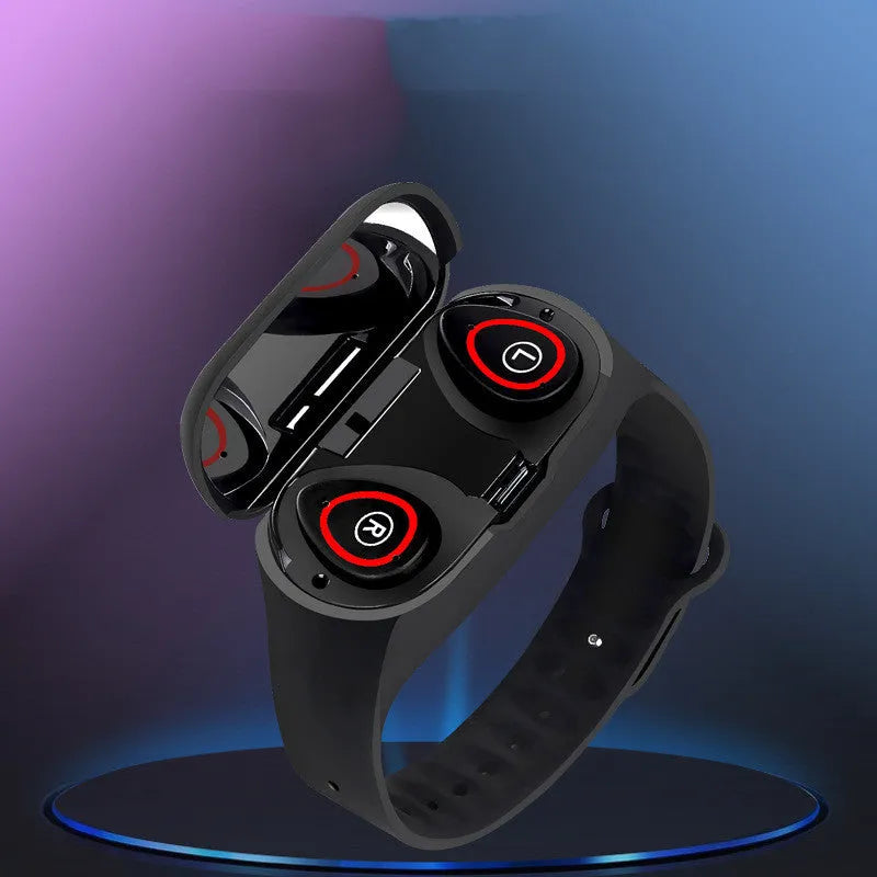 Smart bracelet and earphone combo device with silicone wristband in blue colour showing 1-inch touch screen
