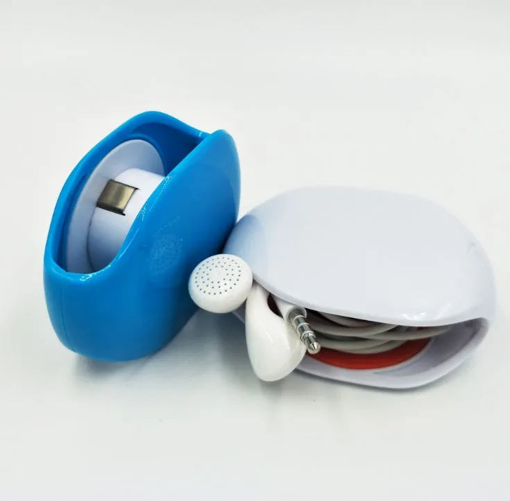 Automatic earphone cable winder retractor in multiple colours showing compact size