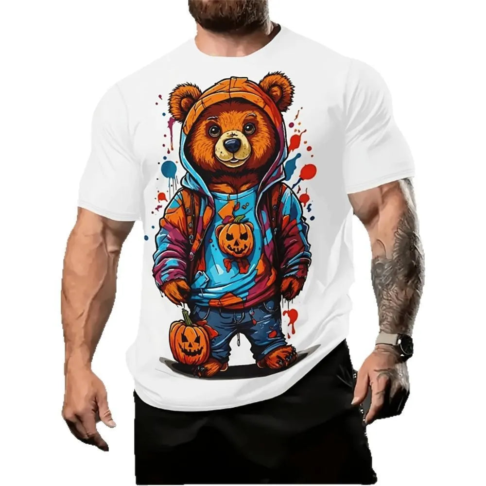 Men's loose-fit grey T-shirt with a large 3D cartoon graphic print on the front.