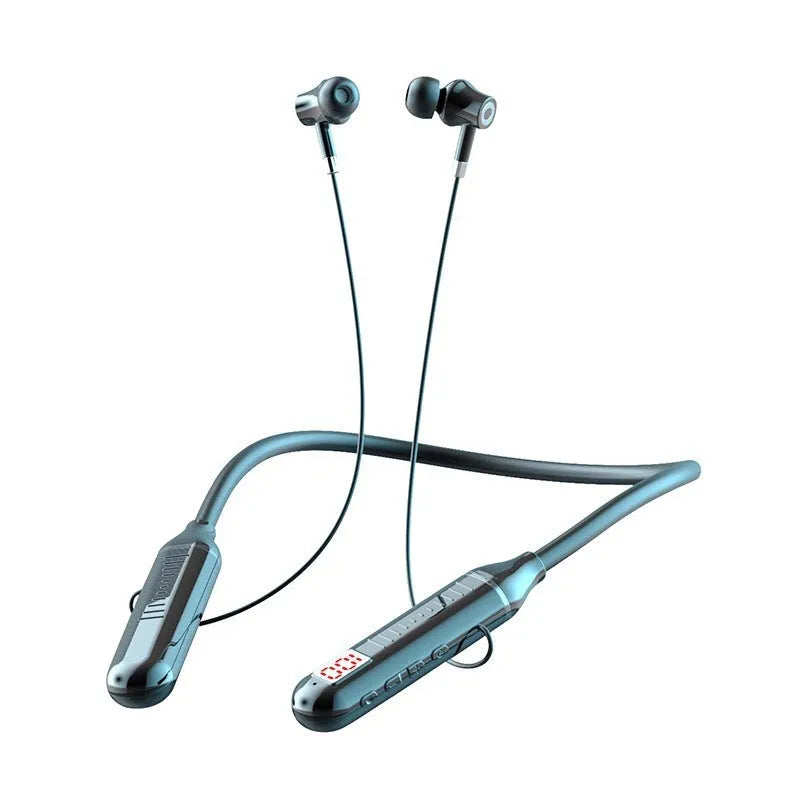 Black wireless Bluetooth sports headset with neckband design and earbuds