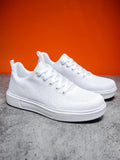 Light white thick sole casual board shoes with breathable mesh upper and EVA sole, lace-up flat heel design for unisex wear