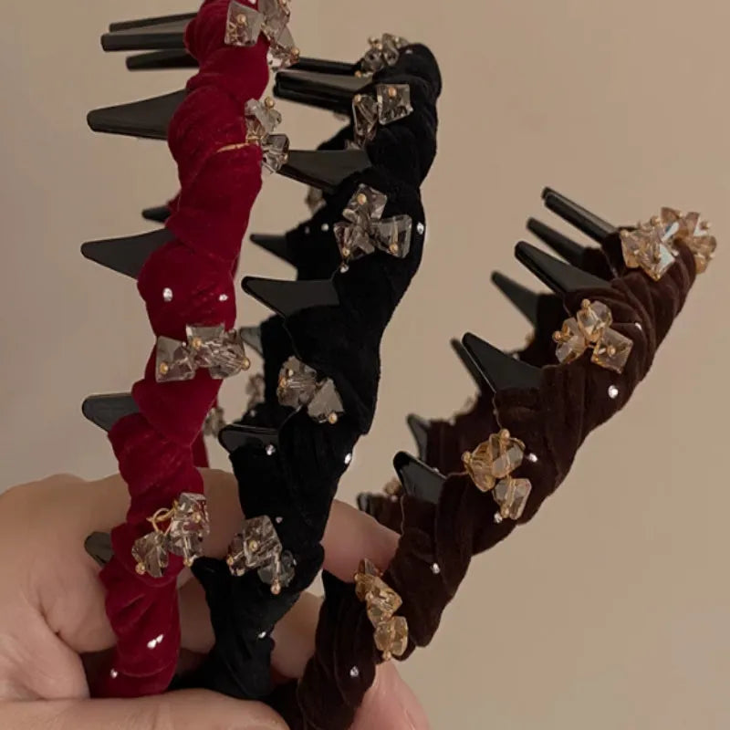 Red velvet hairband with crystal details, high-head non-slip design for ponytails.