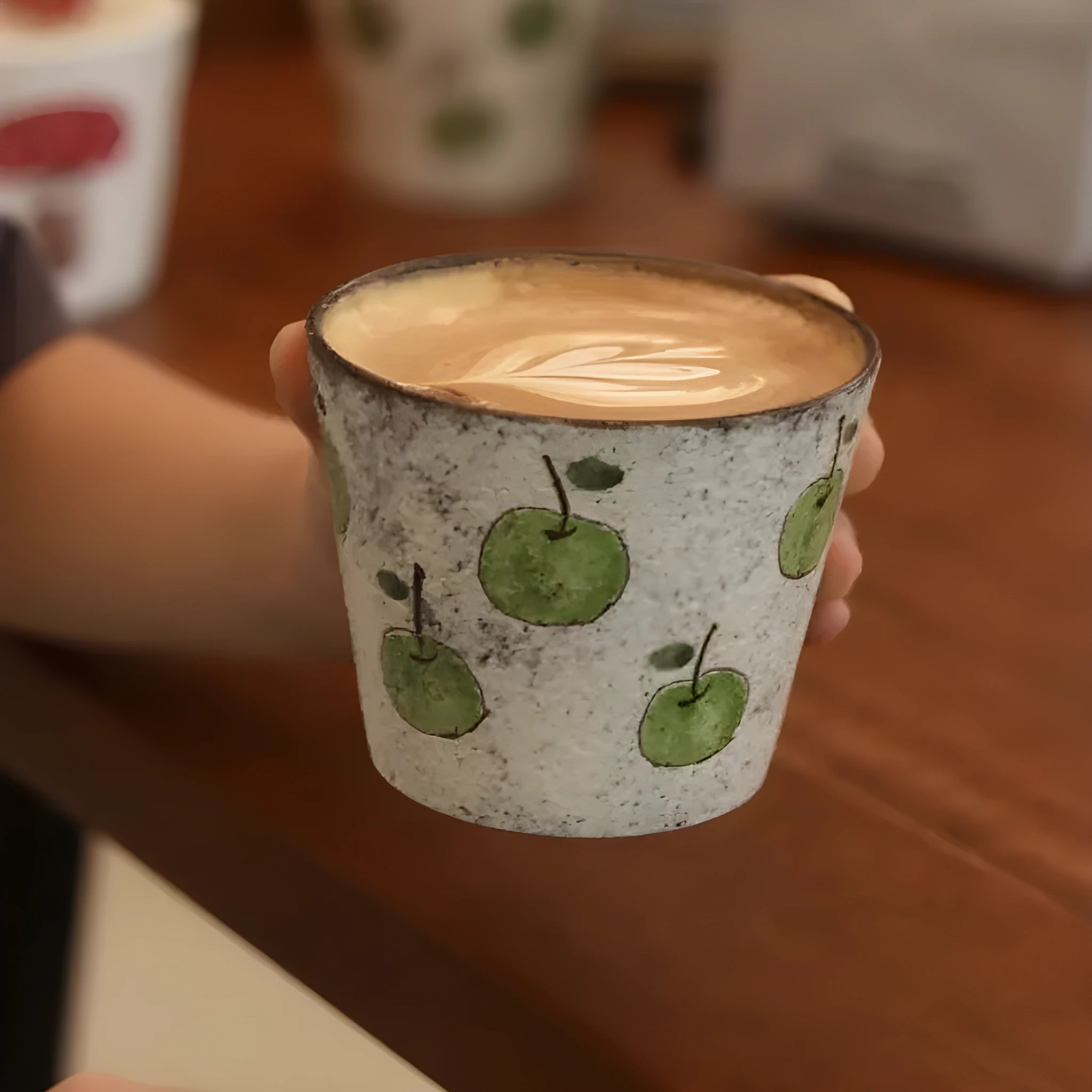 Handmade purple clay green pig tea cup with coaster, 9.2cm diameter, 280ml capacity