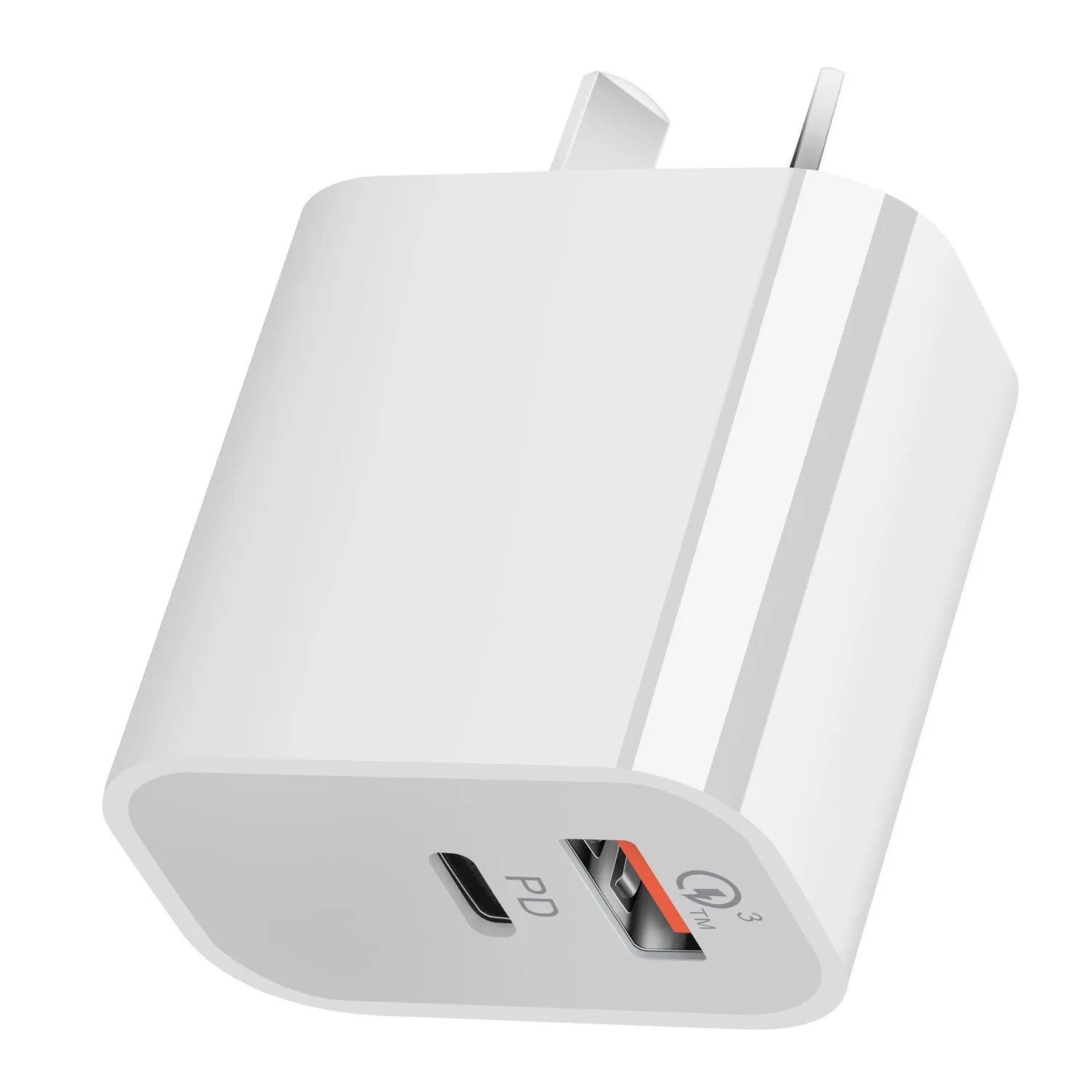 White dual port Australian standard charger with USB-A and USB-C ports, 63x40x22mm, SAA certified