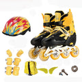 Set of children's adjustable roller skates with helmet and protective gear on a backpack.