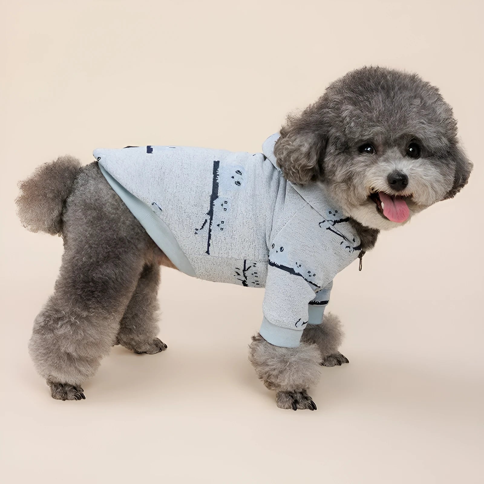 Blue dog pattern cotton zipper sweater for small to large dogs on a light background