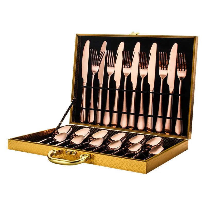 High-end tableware 24 piece set in stainless steel with one-piece moulding, available in multiple colours including black gold and rose gold