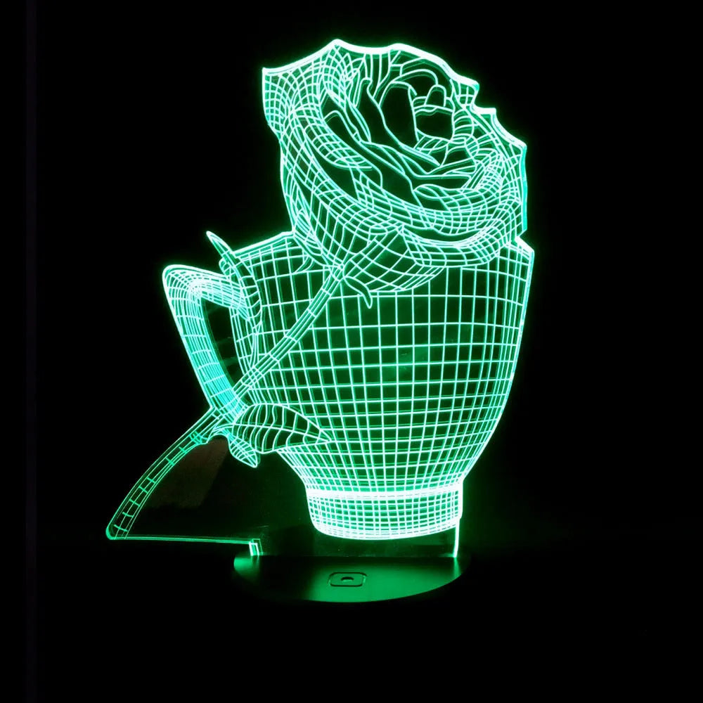 3D rose flower LED night light showing acrylic design on black ABS base, displaying blue colour.