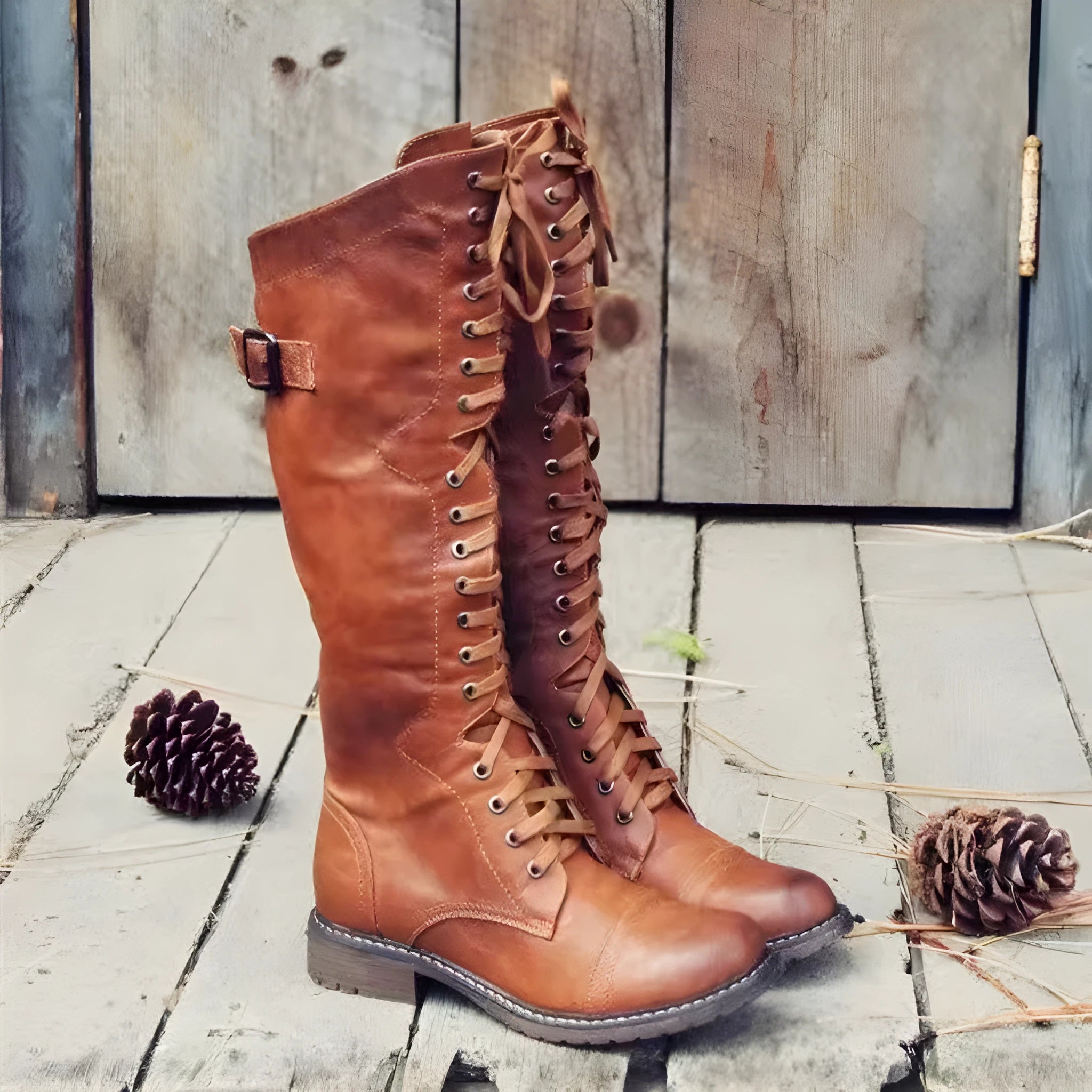 Women's black chunky heel high leg boot with round toe and low stout heel on a solid background.