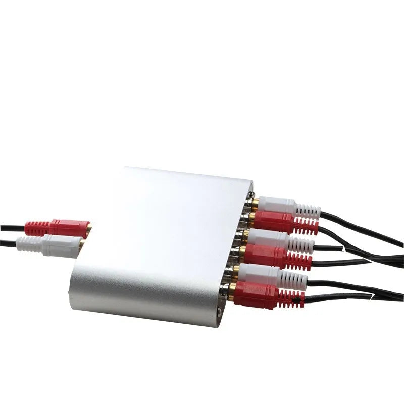Silver audio source switch with infrared remote control and key switch on front panel, aluminium housing