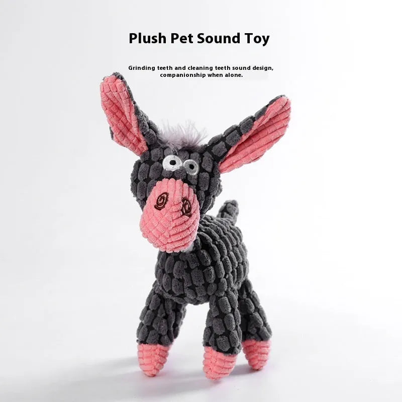Assortment of soft plush pet toys: donkey, rechargeable duck, blue elephant, dizzy dog, and blink elephant.