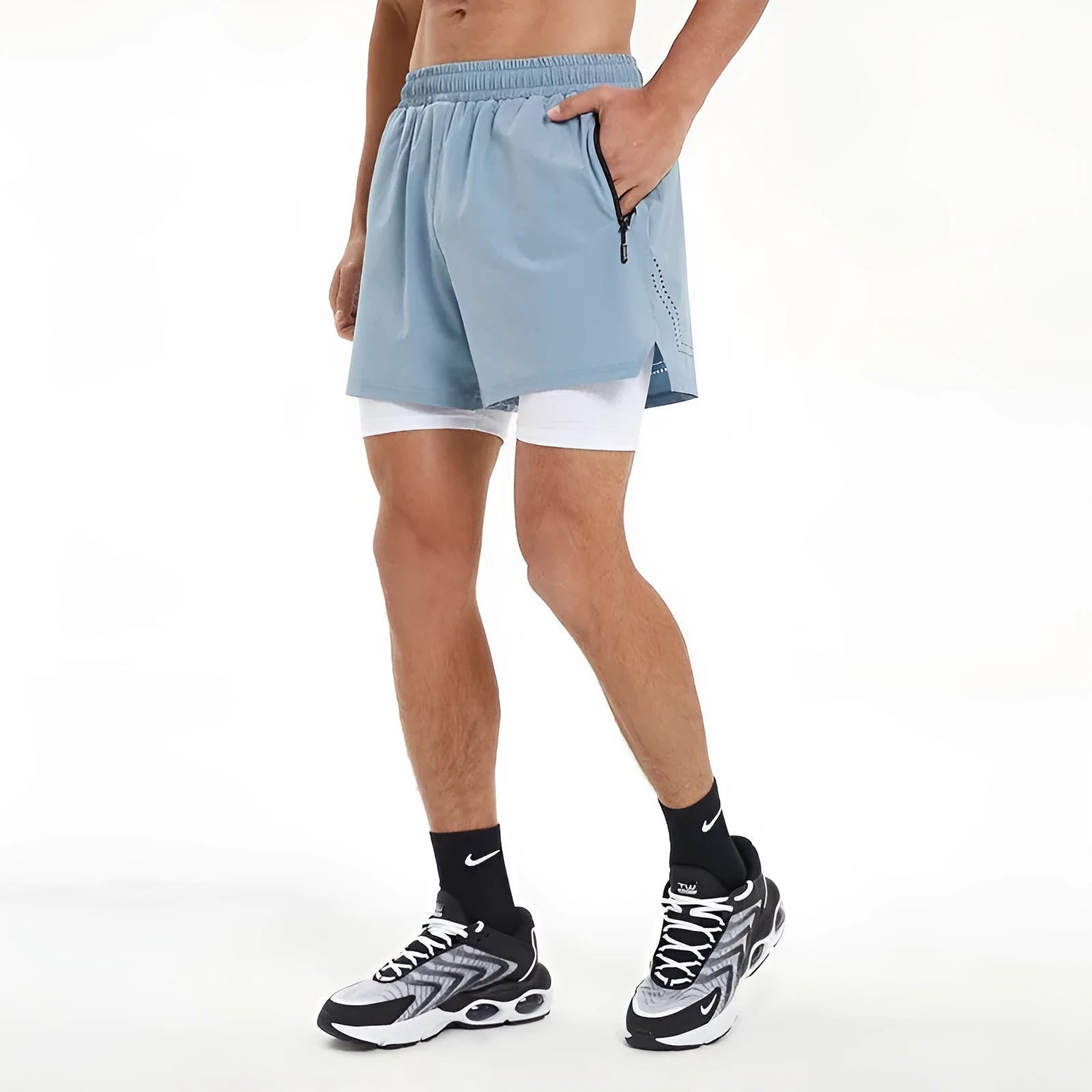 Men's double-layer sports shorts with liner, quick-dry fabric, available in black, dark gray, and light blue