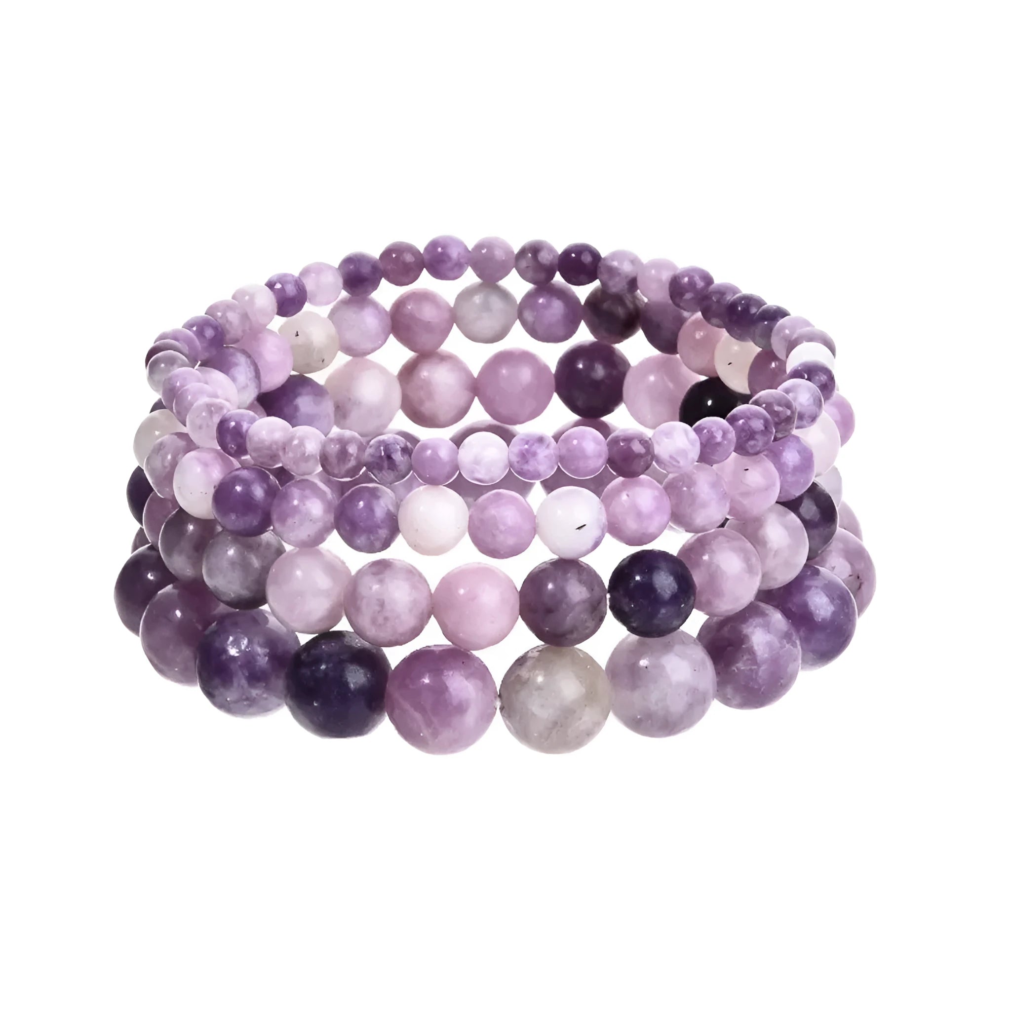 Purple natural stone elastic bead bracelet on a light surface, showing geometric beads in 10mm size