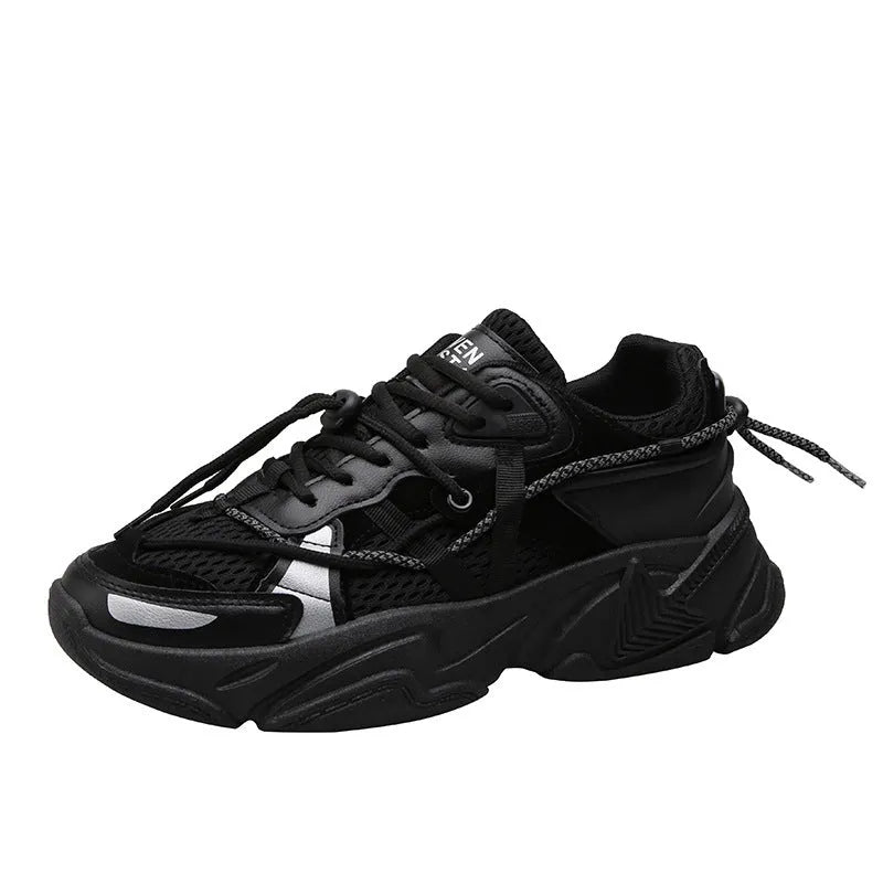 Men's white, black, and grey platform dad shoes with thick soles and lace-up front.