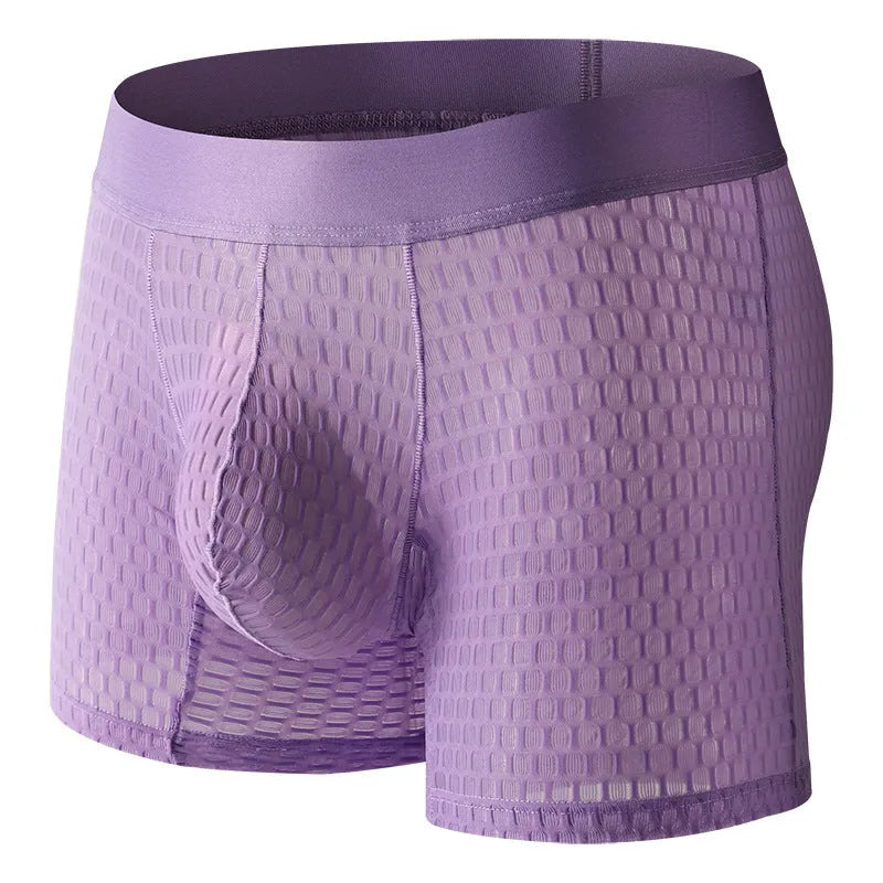 Men's lace mesh boxers in multiple colours showing low waist design and geometric pattern detail