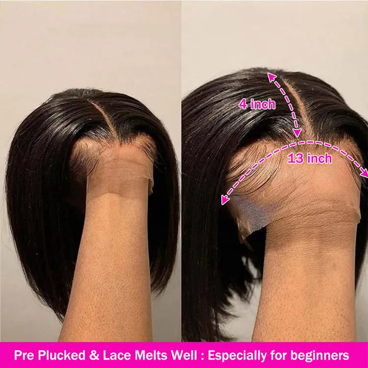 13x4 lace frontal bob straight wig black high temperature silk 200% density 11A 8-16 inch adjustable size