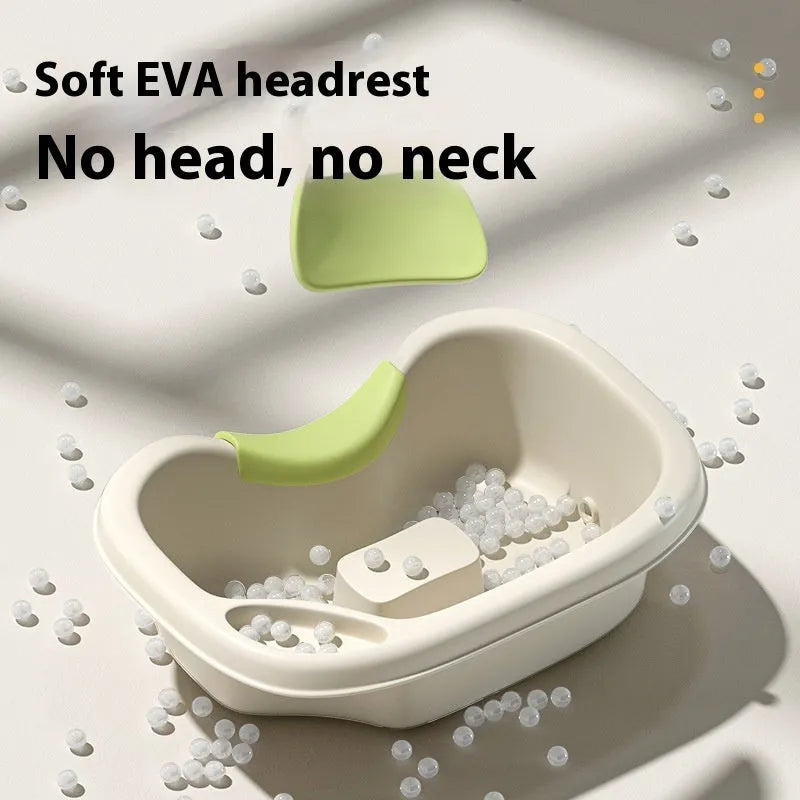 Portable plastic bed shampoo basin set with head pillow, water pump, and accessories in light pink colour.