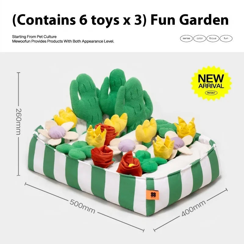 Themed dog sniffing mat with plastic fabric construction for hiding food treats