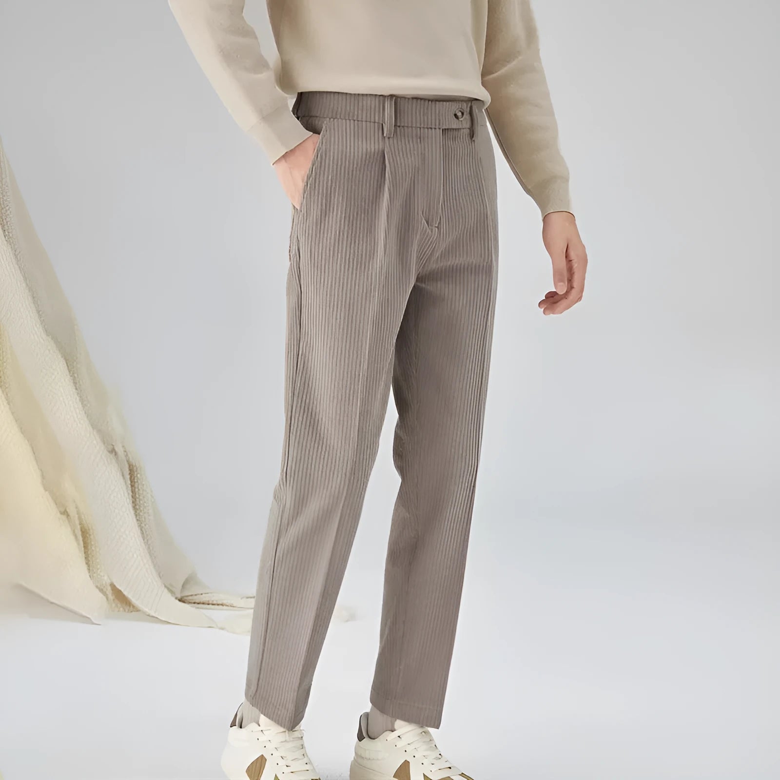 Men's straight-leg corduroy trousers in loose fit showing black, beige and brown grey colour options