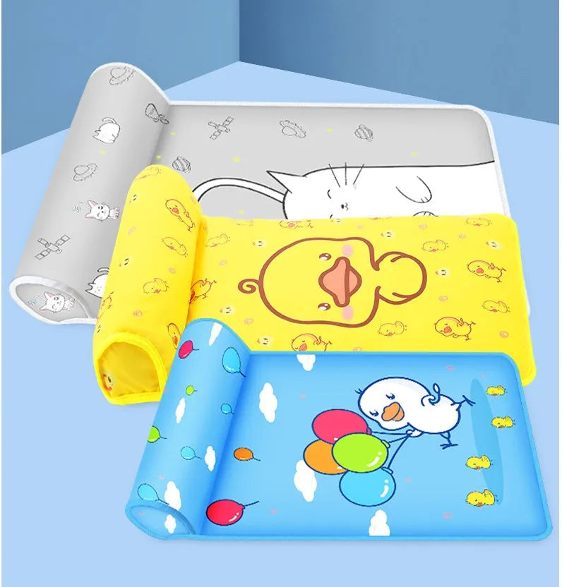 Summer cooling dog mat with raised pillow in breathable ice silk, blue running duck print, non-slip waterproof backing