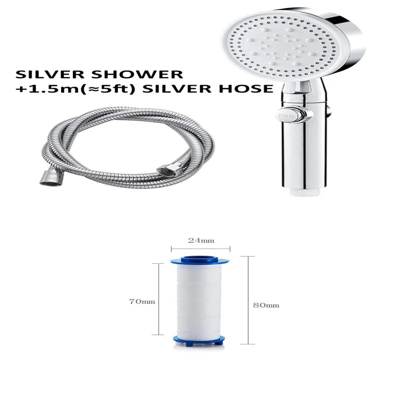 ABS pressurised 5-speed handheld shower head with large water output, 1.5m encrypted hose, in black finish