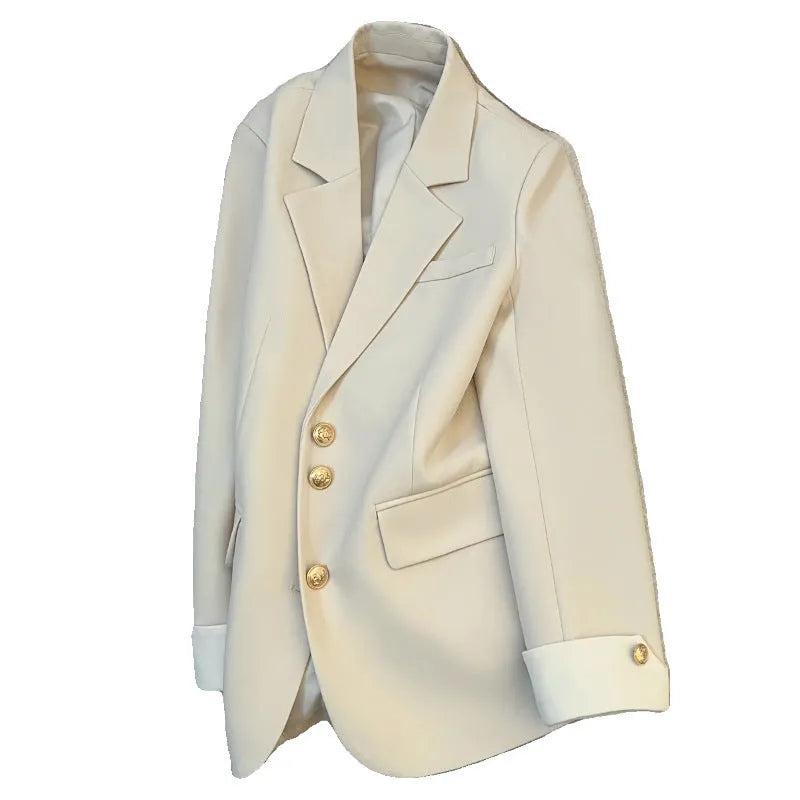 Women's milky white loose-fit mid-length polyester coat with pockets, Korean style.