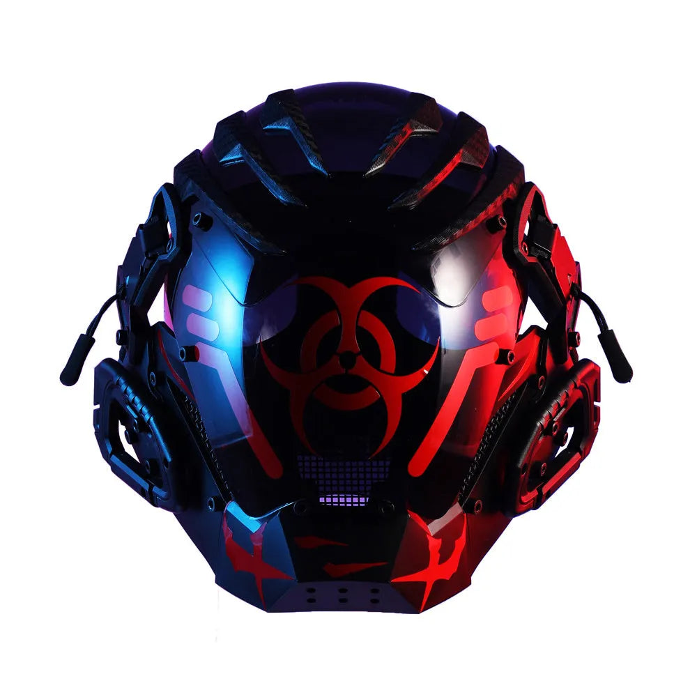 Black full face bioweapon tech prop mask showing complete helmet-style coverage