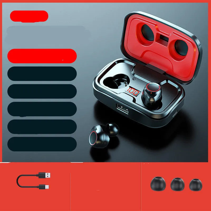 Black, blue, and red wireless in-ear Bluetooth headphones with private mould tips on a white background.