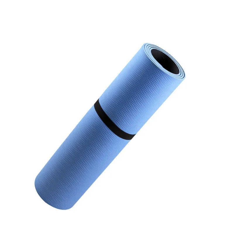 Blue conductive grounding yoga mat with plant pattern, showing integrated wire and 182cm length.