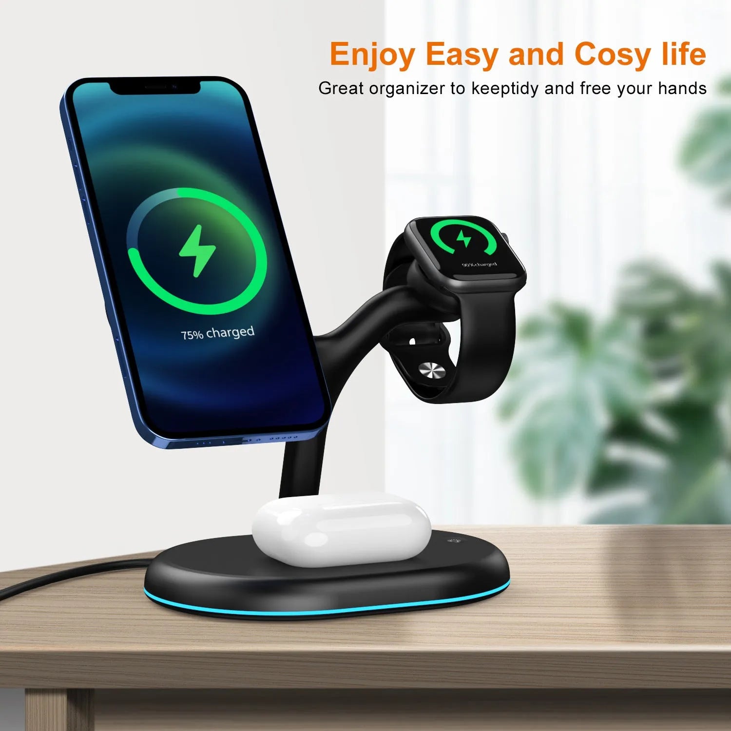 Black three-in-one magnetic wireless charger on a surface.