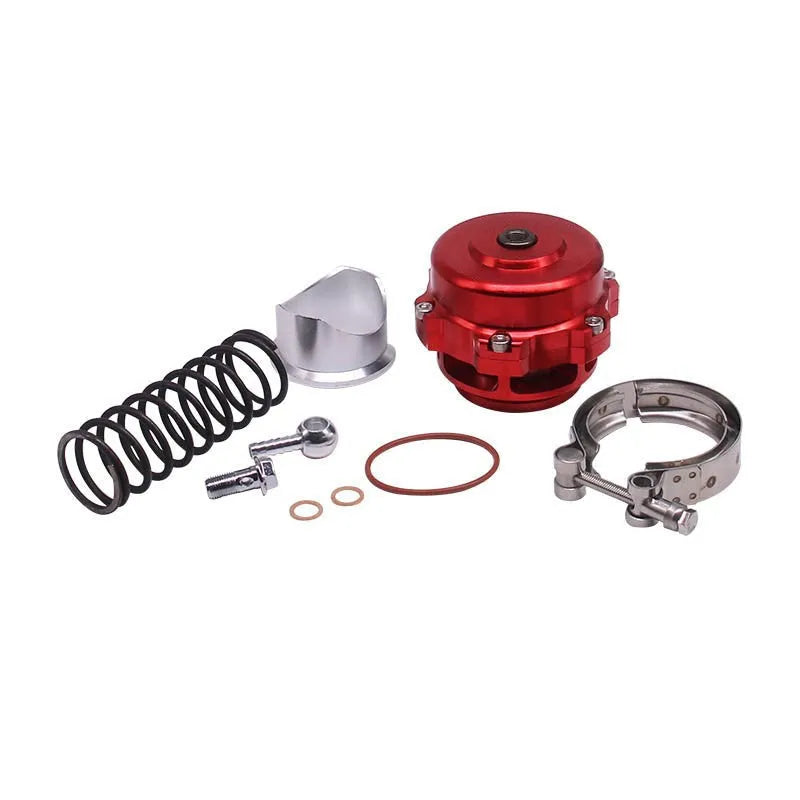 Universal aluminium alloy blow-off valve for turbo protection, 50mm, shown in multiple colours.