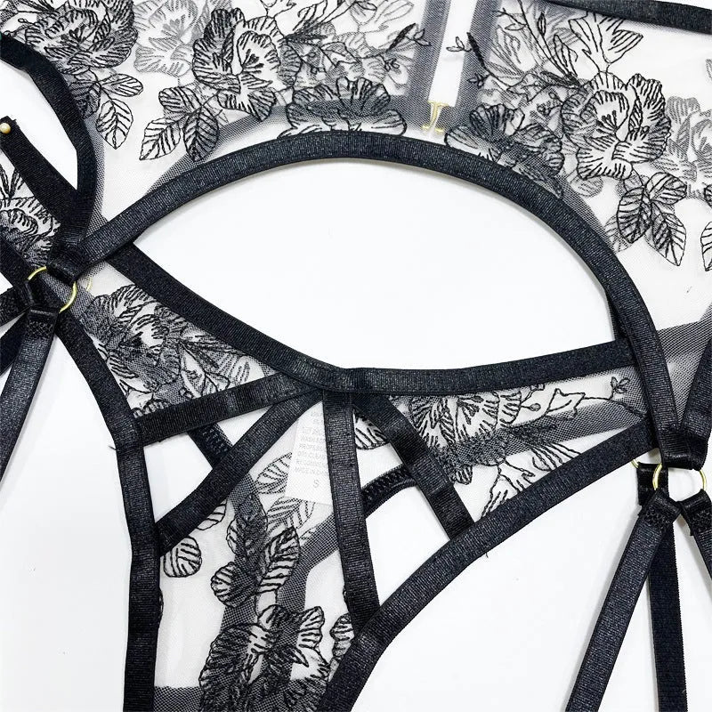 Black lace mesh three-piece set for women with floral print, showing top, trousers, and waist ring.